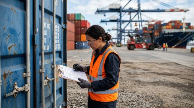 Marine cargo inspector evaluating container exterior damages in a port yard sharply focused on survey documents with shipping vessels and yard activities softly blurred behind.