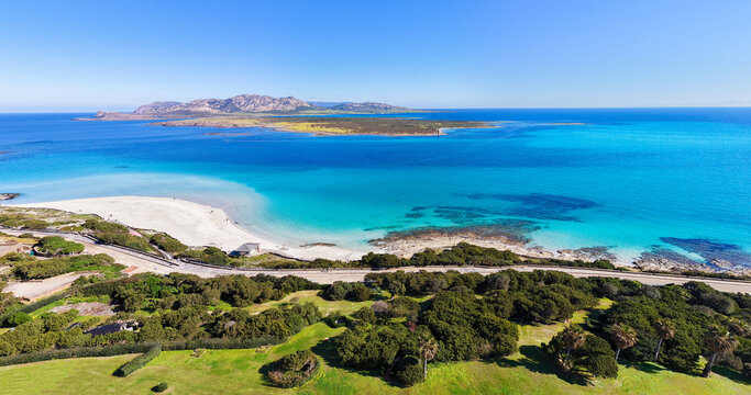 Aerial view of La Pelosa Beach on a sunny day in springtime