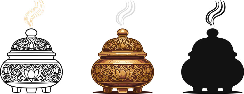 Antique traditional incense burner with smoke and lotus design