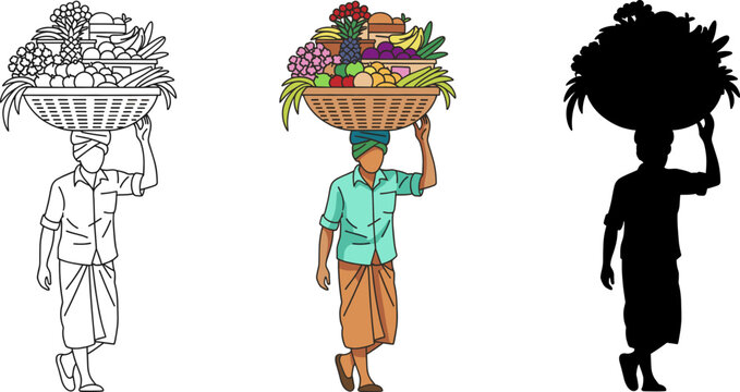 Street vendor carrying heavy fruit basket on head illustration