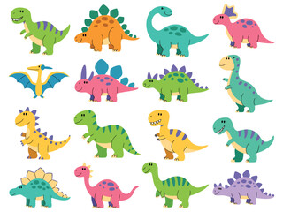Hand drawn dinosaurs vector set featuring funny comic dino characters, tyrannosaurus, stegosaurus, diplodocus and triceratops, isolated prehistoric animal illustration for kids design © Raxzen