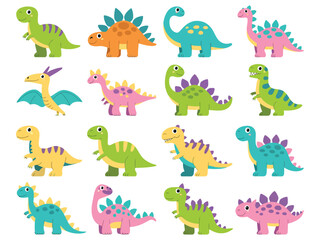 Hand drawn cute dinosaurs vector set with funny comic dino characters, tyrannosaurus, stegosaurus, diplodocus and triceratops, isolated prehistoric animal illustration for kids and education © Raxzen
