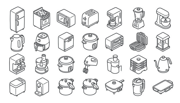 A collection of isometric line art icons depicting various common kitchen and home appliances in a clean, minimalist style.