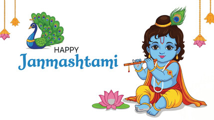 Fototapeta premium A festive greeting card design featuring baby lord krishna playing his flute for janmashtami day