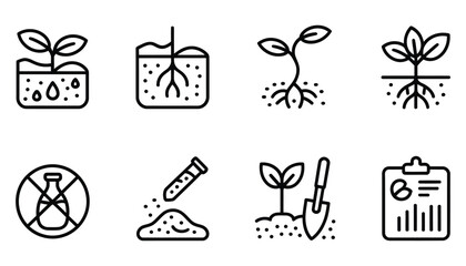 Line vector icons of soil protection erosion icon, mulch layer, compost soil, root structure, no pesticide sign, test tube in soil, shovel and plant ©  MUNNA 1