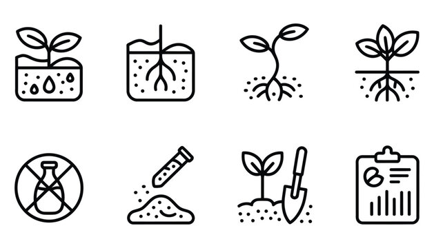 Line vector icons of soil protection erosion icon, mulch layer, compost soil, root structure, no pesticide sign, test tube in soil, shovel and plant