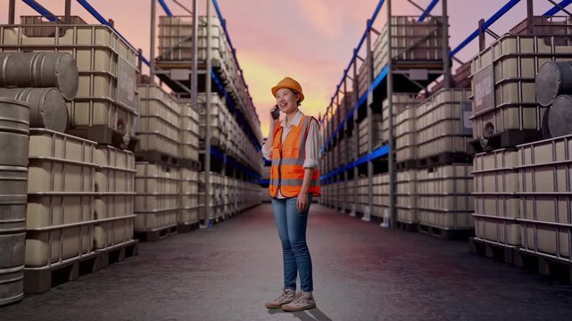 Full Body Side View Of Asian Female Engineer With Safety Helmet Talking On Smartphone While Standing at Warehouse with Containers and Barrels