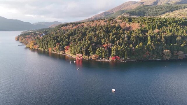 Lake Ashi | Swan Boats | Torii Gate | Autumn - 4K Aerial Video
