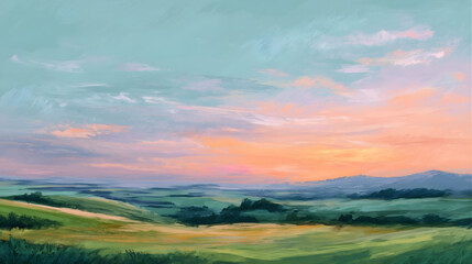 Obraz premium Impressionist countryside landscape with green fields and warm sunset sky