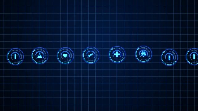 Futuristic Medical Hud Interface With Neon Blue Icons Of Dna, Heart, Syringe, And Atom Scrolling Across A Dark Blue Digital Grid Background, Ideal For Healthcare Technology, Scientific Research, And A
