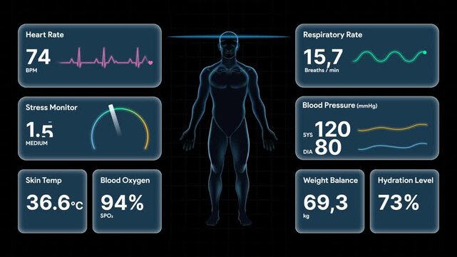 Transparent background video. Human medical health dashboard UI. Animated futuristic body biometric scanner HUD displaying vital signs, heart rate, EKG and blood pressure data. High tech healthcare