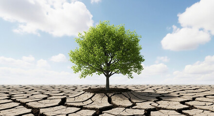 Fototapeta premium Lone Green Tree on Cracked Dry Earth - Climate Change Drought and Environmental Conservation Concept