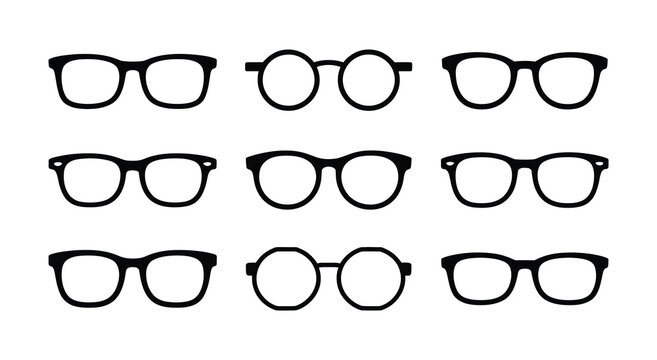 Glasses icons, multiple perspective vector set in black, showcasing eyeglasses and sunglasses, minimalist and modern design for apps, websites, and visual communication related to eyewear and style.