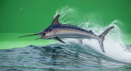 Obraz premium Marlin Jumping Out of the Water Against a Vibrant Green Background