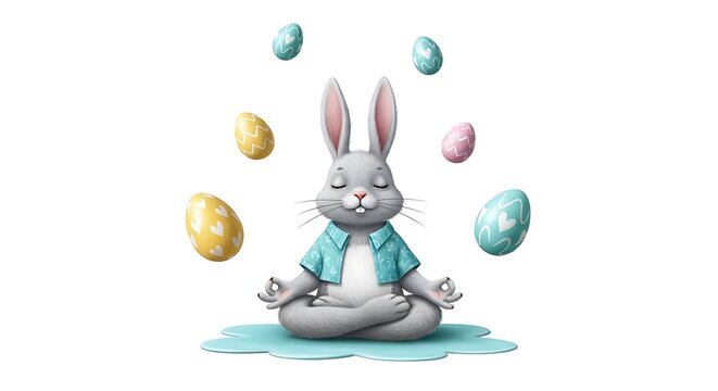 Meditating Bunny Surrounded by Easter Eggs.
