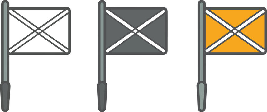 Professional soccer referee assistant flag icon set featuring linesman signals in line art, solid, and flat vector design styles.