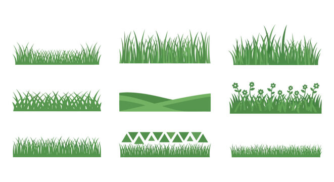 Collection of various green grass patches and stylized lawn elements illustration