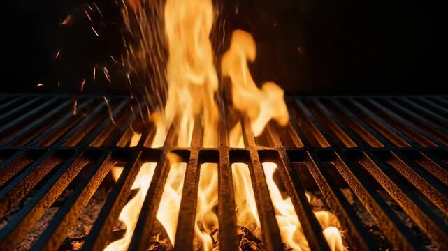 Close up of roaring flames and embers beneath a metal grill grate
