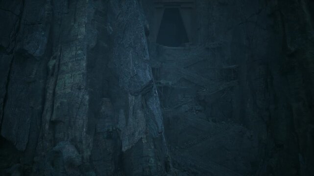 old mine entrance with hanging timbers and lantern beam, miner inspects rusted rails, rubble and mold, echoing shaft, claustrophobic foreboding.