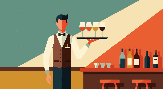 Modern bartender holding tray of wine in retro style bar setting