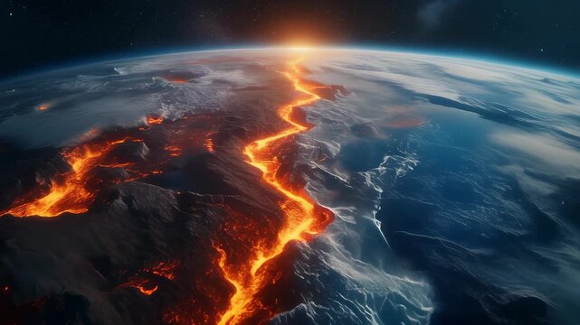 Global Cataclysm Event Showing Earth Splitting Open with Lava.