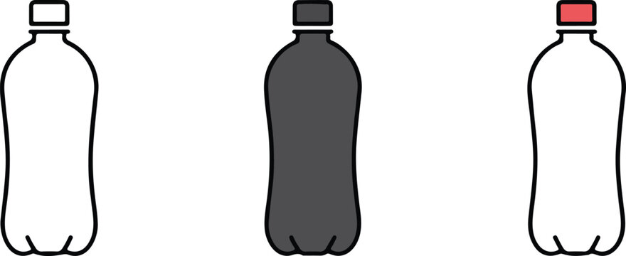Plastic water bottle icon set featuring minimalist liquid container designs in line art and flat vector styles for hydration branding.