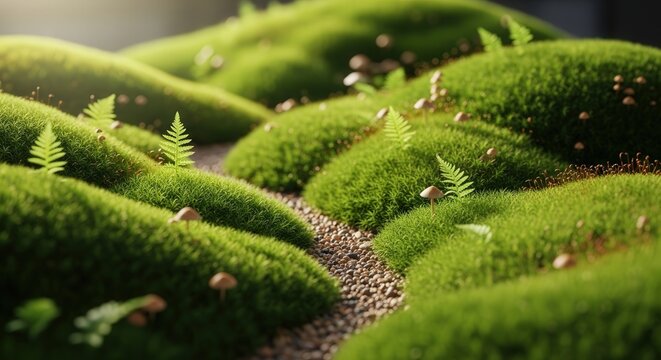 Serene Moss Covered Landscape with Tiny Fern Plants and Pathway