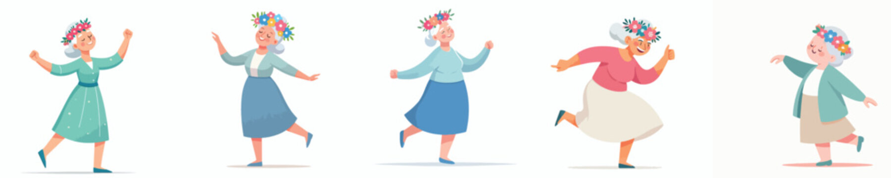 vector of a happy dancing grandmother wearing a spring flower crown