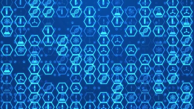 Glowing Blue Digital Science And Medical Background Featuring Scrolling Hexagonal Patterns With Icons Of Dna Strands, Beakers, Syringes, And Atoms For Biotechnology, Laboratory Research