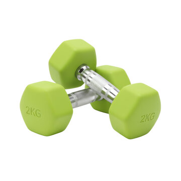 Two lime green rubber-coated hexagonal dumbbells, one resting diagonally atop the other, displaying '2KG' text, isolated on a transparent background, concept of fitness discipline