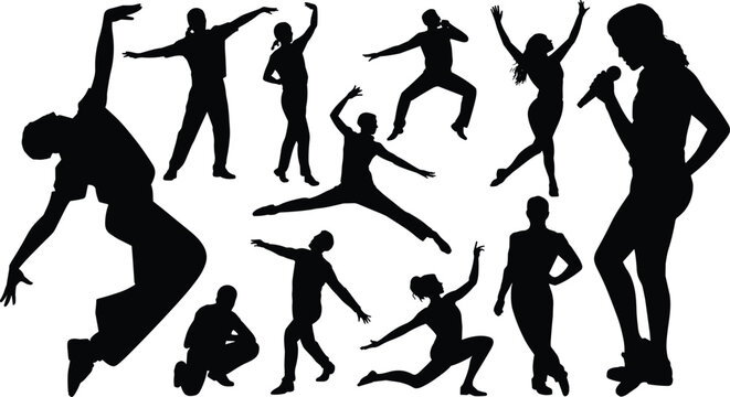 Large collection of black silhouettes featuring male and female performers dancing, jumping, and singing with microphones, isolated on white background for creative entertainment designs