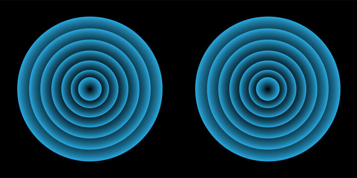 Sound wave. Signal concentric circle. Round light effect. Wifi range. Radio station signal. Water ripple with circle waves. A place or a painful point. Radar screen. Vector effect.