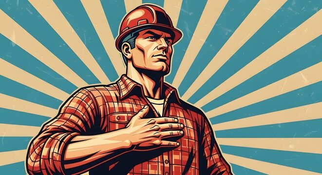 Vintage american worker with patriotic gesture