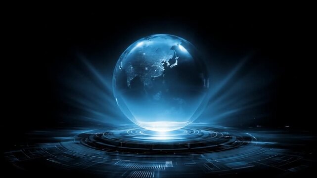 Glowing blue futuristic Earth globe on dark high-tech platform, symbolizing global communication, data network, and digital future.