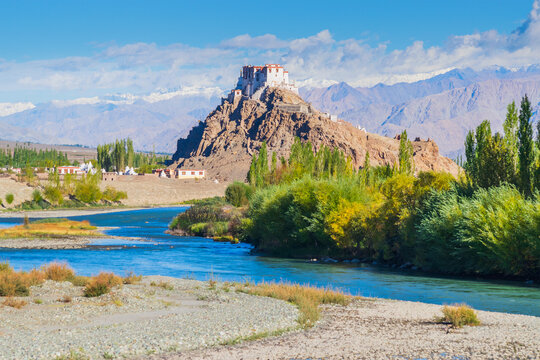 Stakna Monastery, Stakna Gompa, Buddhist monastery of the Drugpa sect in Stakna,Leh district, Ladakh, India, Beautiful scenic architecture with Himalayan mountains in background,on bank of Indus River