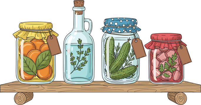 Pickled vegetables jars collection with cucumbers tomatoes herbs and preserves homemade food vector illustration set