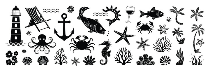 Nautical ocean icons silhouette vector collection with lighthouse, anchor, octopus, seahorse, starfish, shells, coral and tropical marine elements, sea life set isolated on white background © Raxzen