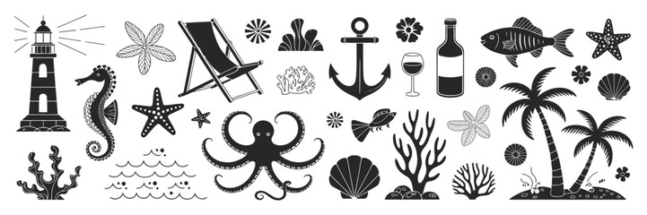 Marine and nautical icons silhouette vector set featuring lighthouse, anchor, seahorse, octopus, starfish, shells, coral reef and tropical elements, ocean life collection isolated on white © Raxzen