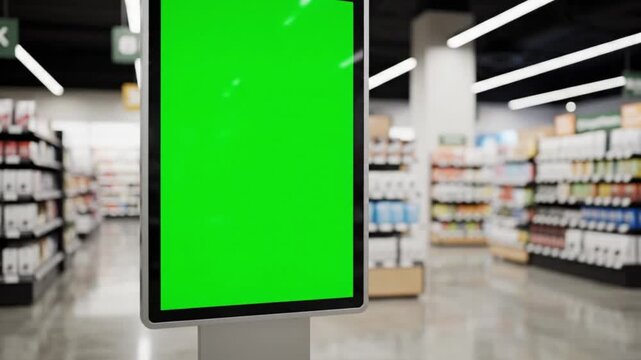Blank green screen digital display monitor standing in a modern grocery store aisle, ideal for retail advertising mockups, promotional content, and commercial signage