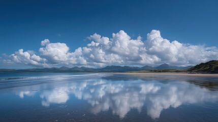 Fototapeta premium Tranquil coastal scene with blue skies and fluffy clouds reflecting on wet sand