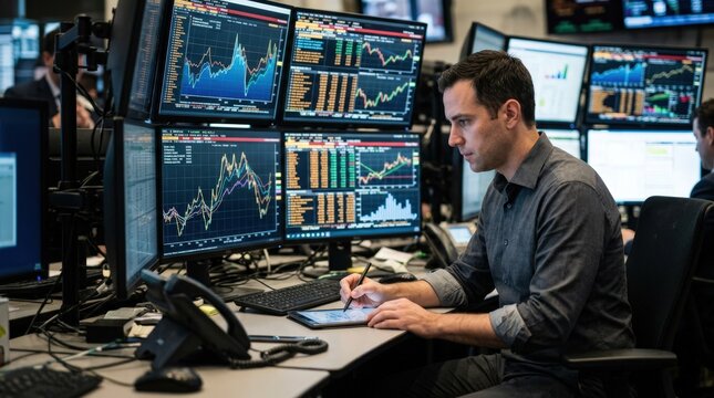 Medium shot of a monitoring station displaying live inflation data graphs with sharp focus on the analyst adjusting tactical asset allocations.