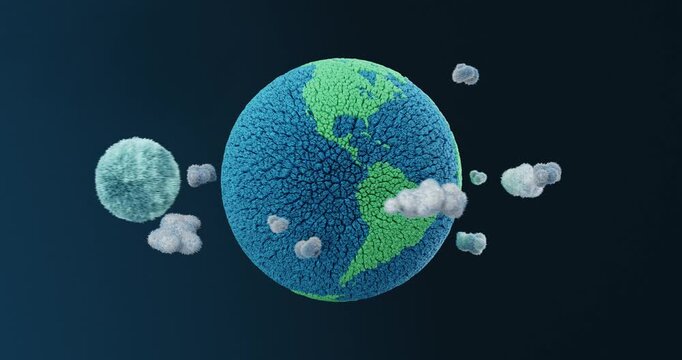 3d plush earth globe with fluffy fuzzy clouds orbiting in loop, soft texture night scene and calm environmental concept