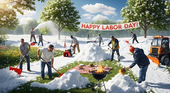 Labor day snowy yard work scene with happy workers celebrating
