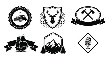 Collection of vintage black and white emblem designs featuring various themes © Ziaul_Studio