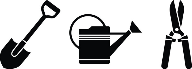 Garden tools silhouette collection with shovel watering can and pruning shears, black gardening equipment icons isolated on white background illustration © SreeHaridash