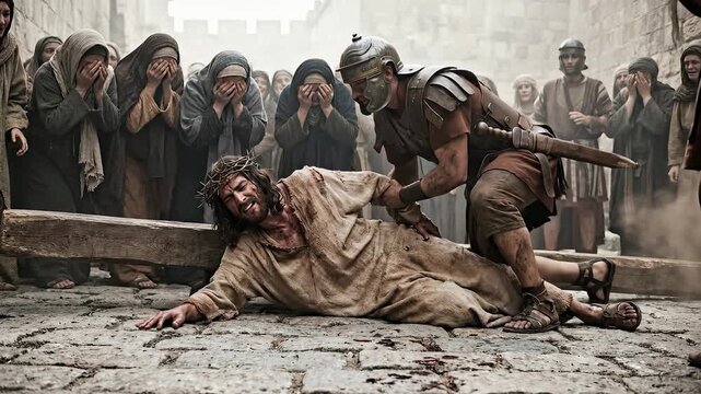 Good Friday, Jesus Christ falls carrying the sacred cross, a Roman soldier compels him forward on the stone road, distressed followers watch his painful journey to Calvary