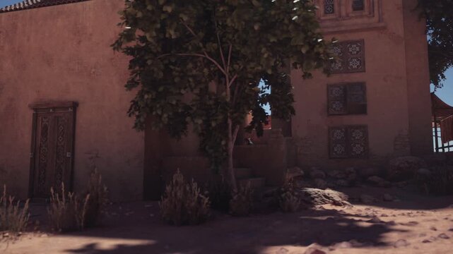 ornate vertical frieze with patterned tiles and shaded doorway, textured wall and tree shadow, peaceful rustic scene with historic details.