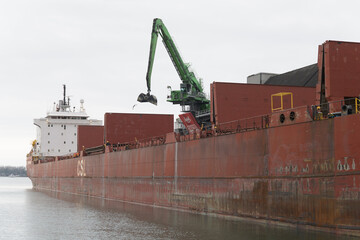 Obraz premium Spruceglen, a bulk carrier, owned by Canada Steamship Lines (CLS), at Redpath Sugar Refinery, docked at Lower Jarvis St slip, Toronto