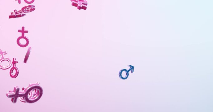 3d female symbols gather and surround single male symbol, showing imbalance and contrast in gender interaction concept