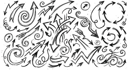 Fototapeta premium Large Collection Of Hand Drawn Grunge Arrow Icons Featuring Various Shapes Spirals Curves And Directions Vector Illustration For Infographic Design